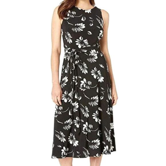 Ralph Lauren Floral Midi Dress Black & White Sleeveless A Line Career Classic 2 - Picture 1 of 16